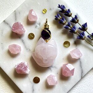 Handmade: Rose Quartz + Purple Agate Fox Spirit Pendant! Kitsune Spirit Guide